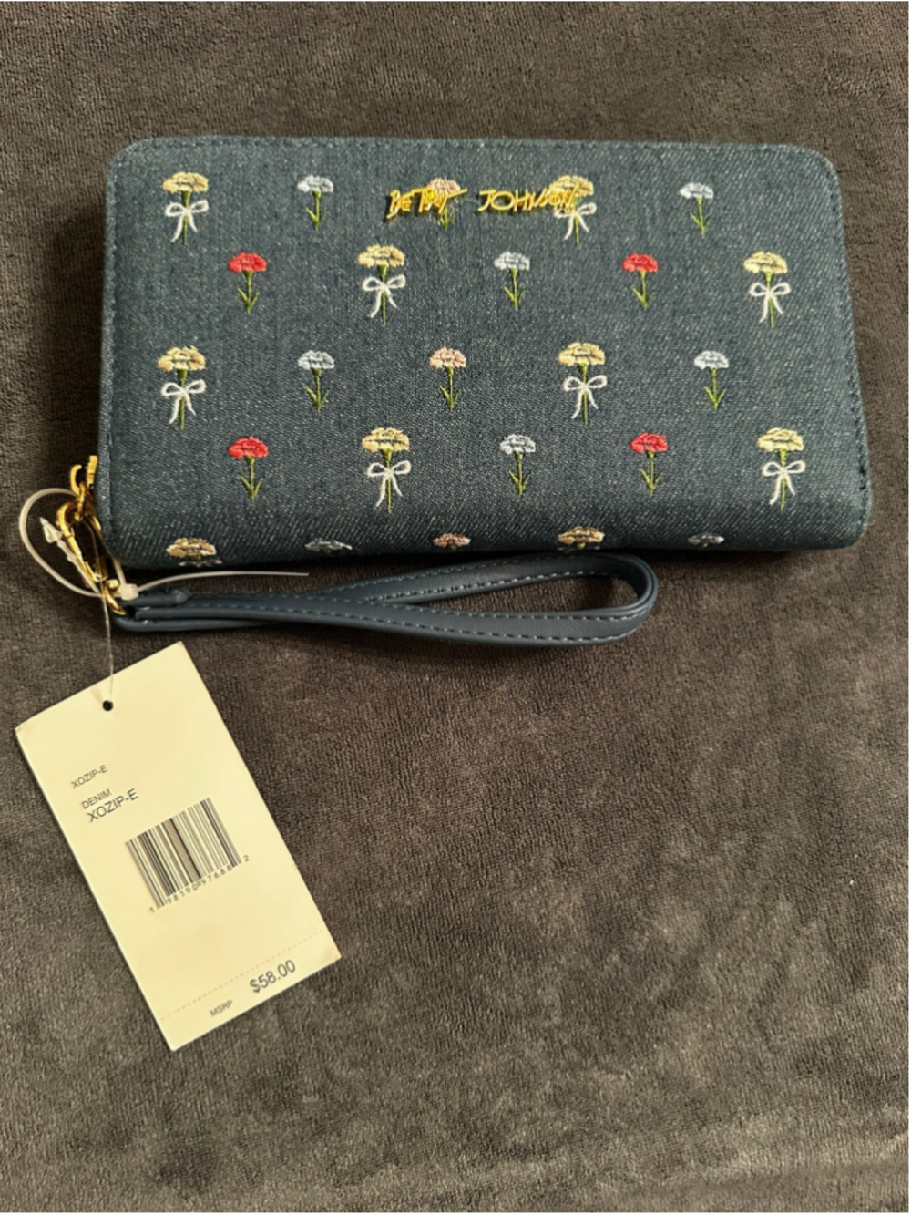 Betsey Johnson Blue Denim Floral Wristlet Wallet